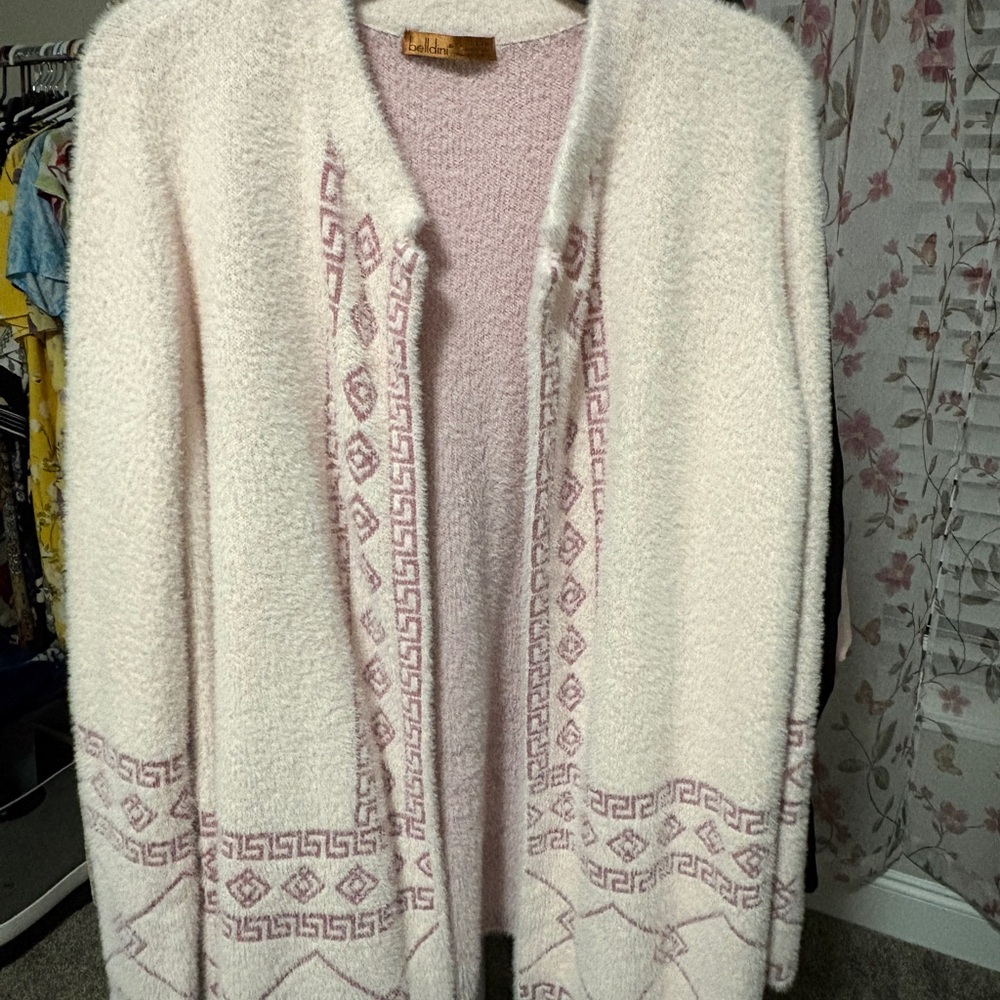 Belldini Cream and Pink Open-Front Knit Cardigan
